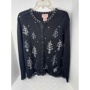 Basic Editions Holiday Cardigan Sweater Black Silver Sequin Christmas Tree Large